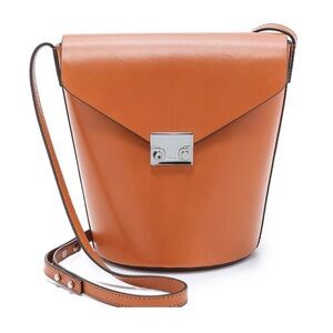 Loeffler Randall Flap Bucket Bag Cognac Leather Crossbody Bag Pushlock Purse